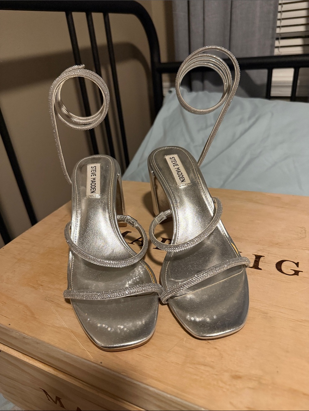 Steve Madden Metallic Silver Spiral-Strap Heeled Sandals